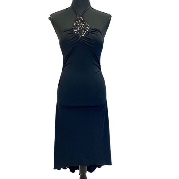 Black sequin halter top stretchy flowy evening cocktail dress Sz XS - Picture 1 of 14